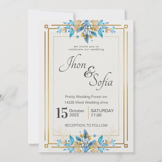 Royal Blue White Gold Floral Wedding Invitation Kaart (Voorkant)