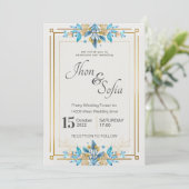 Royal Blue White Gold Floral Wedding Invitation Kaart (Staand voorkant)