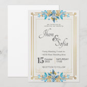 Royal Blue White Gold Floral Wedding Invitation Kaart (Voorkant / Achterkant)