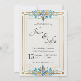 Royal Blue White Gold Floral Wedding Invitation Kaart
