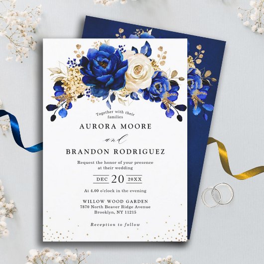 Royal Blue White Gold Metallic Floral Wedding Invi Kaart