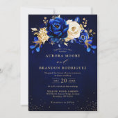 Royal Blue White Gold Metallic Floral Wedding Invi Kaart (Voorkant)