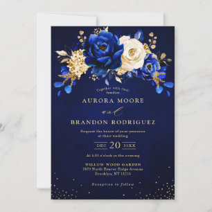 Royal Blue White Gold Metallic Floral Wedding Invi Kaart