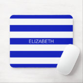 Royal Blue White Horiz Preppy Stripe Name Monogram Muismat (Met muis)