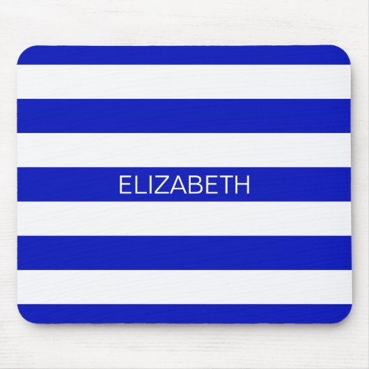 Royal Blue White Horiz Preppy Stripe Name Monogram Muismat (Voorkant)