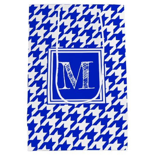 Royal Blue White Houndstooth | Modern monogram Medium Cadeauzakje (Achterkant)