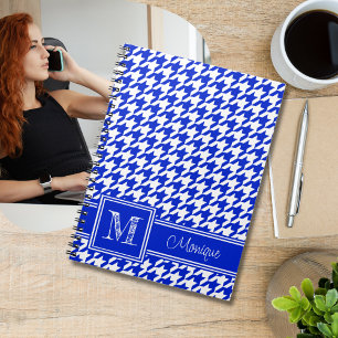 Royal Blue White Houndstooth   Modern monogram Notitieboek