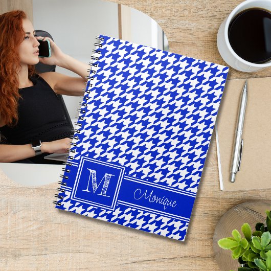 Royal Blue White Houndstooth | Modern monogram Notitieboek