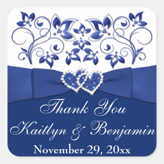 Royal Blue, White Joined Hearts Favor Sticker (Voorkant)