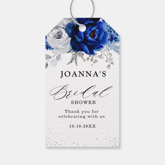 Royal Blue White Metallic Silver Floral Wedding Cadeaulabel (Achterkant)
