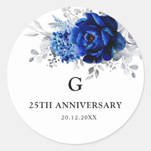 Royal Blue White Metallic Silver Floral Wedding Cl Ronde Sticker
