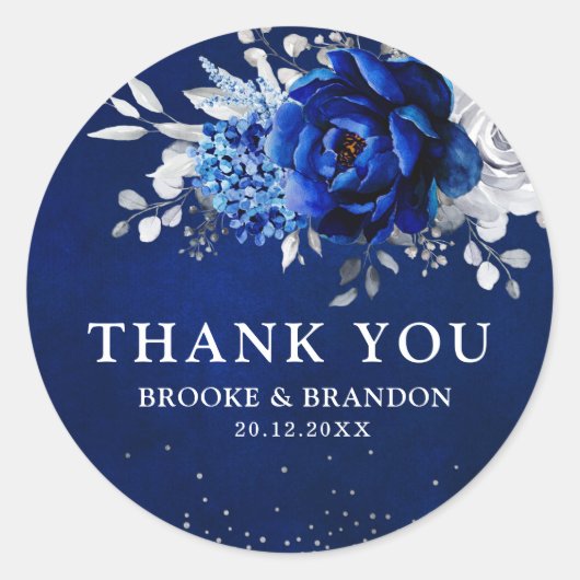 Royal Blue White Metallic Silver Floral Wedding Cl Ronde Sticker (Voorkant)