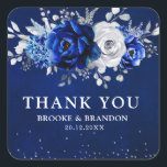 Royal Blue White Metallic Silver Floral Wedding Cl Vierkante Sticker<br><div class="desc">Met de Elegant royal blue White Silver-bruiloft bedank je sticker met elegante bouquet van koninklijk blauw,  Navy,  zilver,  puur witte roos bloemen knoppen en groene eucalyptusbladeren. Neem contact met mij op voor hulp bij aanpassingen of als u een ander product nodig hebt met dit ontwerp.</div>