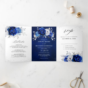 Royal Blue White Metallic Silver Floral Wedding Drieluik Aankondiging