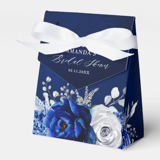 Royal Blue White Metallic Silver Floral Wedding Fa Bedankdoosjes (Voorkant Zijde)