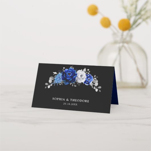 Royal Blue White Metallic Silver Floral Wedding Pl Plaatskaartje (Achterkant)