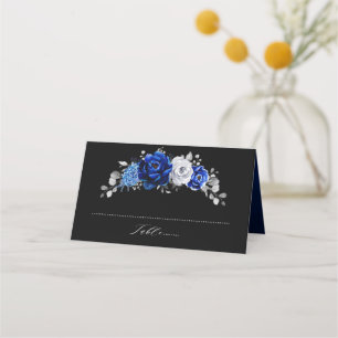 Royal Blue White Metallic Silver Floral Wedding Pl Plaatskaartje