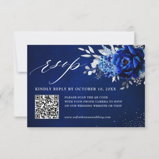 Royal Blue White Metallic Silver Floral Wedding QR RSVP Kaartje (Voorkant)
