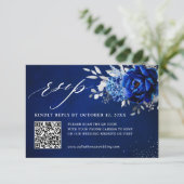 Royal Blue White Metallic Silver Floral Wedding QR RSVP Kaartje (Staand voorkant)