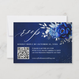 Royal Blue White Metallic Silver Floral Wedding QR RSVP Kaartje