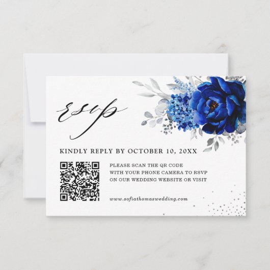 Royal Blue White Metallic Silver Floral Wedding QR RSVP Kaartje (Voorkant)