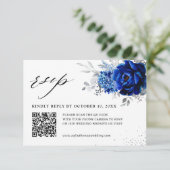 Royal Blue White Metallic Silver Floral Wedding QR RSVP Kaartje (Staand voorkant)