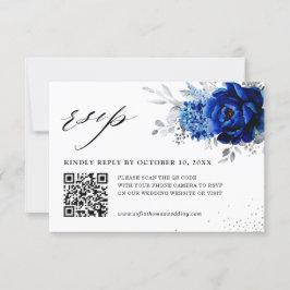 Royal Blue White Metallic Silver Floral Wedding QR RSVP Kaartje