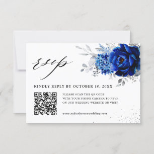 Royal Blue White Metallic Silver Floral Wedding QR RSVP Kaartje
