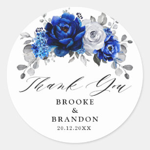 Royal Blue White Metallic Silver Floral Wedding Ronde Sticker