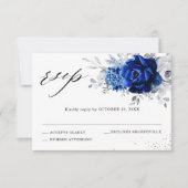 Royal Blue White Metallic Silver Floral Wedding RSVP Kaartje (Voorkant)