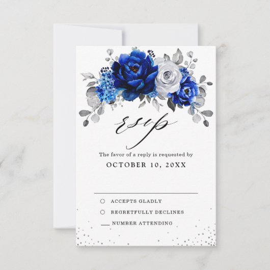 Royal Blue White Metallic Silver Floral Wedding RSVP Kaartje (Voorkant)