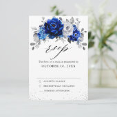Royal Blue White Metallic Silver Floral Wedding RSVP Kaartje (Staand voorkant)