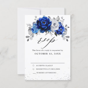 Royal Blue White Metallic Silver Floral Wedding RSVP Kaartje