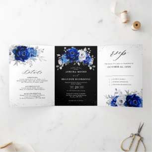 Royal Blue White Metallic Silver Floral Wedding Tr Drieluik Aankondiging