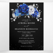 Royal Blue White Metallic Silver Floral Wedding Tr Drieluik Aankondiging (Binnenkant midden)