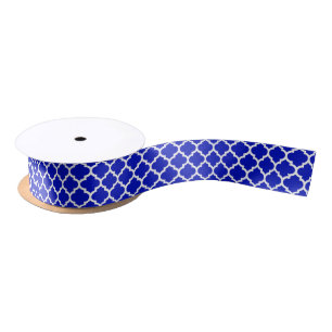 Royal Blue White Moroccan Quatrefoil Pattern #5 Satijnen Lint