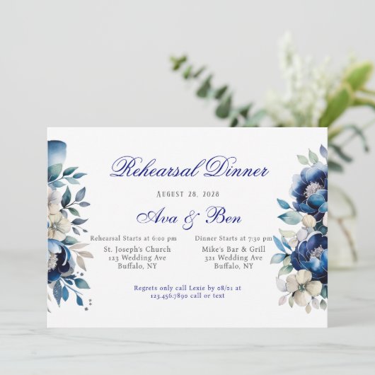 Royal Blue White Peony Zilveren Repetitie Diner Kaart (Staand voorkant)