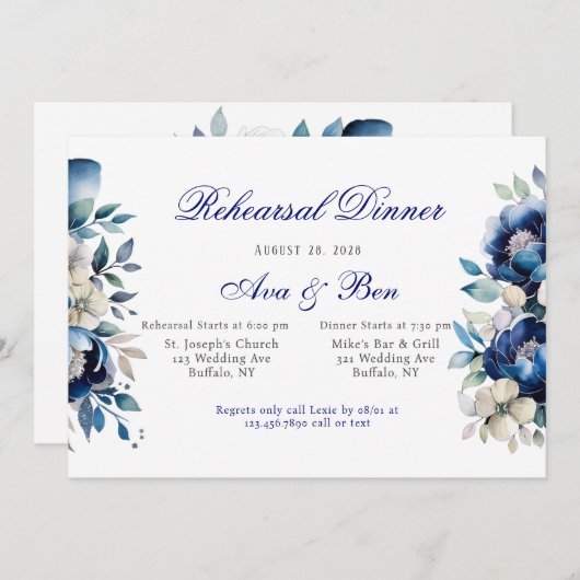 Royal Blue White Peony Zilveren Repetitie Diner Kaart (Voorkant / Achterkant)