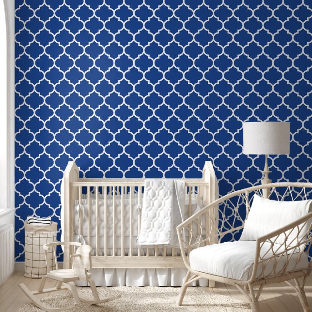 Royal Blue White Quatrefoil Pattern Behang (Kinderen)