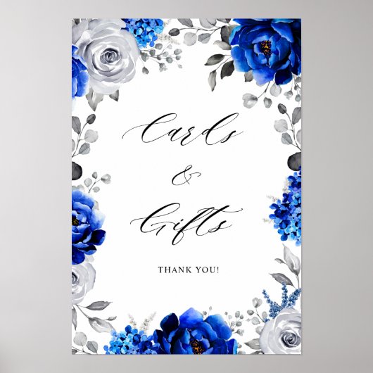 Royal Blue White Silver Floral Cards & Gifts Poste Poster (Voorkant)