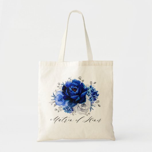 Royal Blue White Silver Floral Matron of Honor Tote Bag (Voorkant)