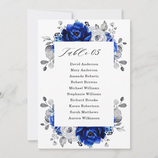 Royal Blue White Silver Floral Seating Chart Card Kaart (Voorkant)