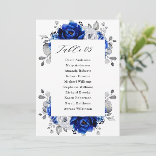 Royal Blue White Silver Floral Seating Chart Card Kaart (Staand voorkant)
