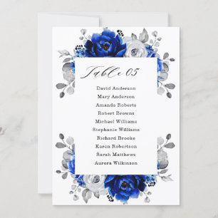 Royal Blue White Silver Floral Seating Chart Card Kaart