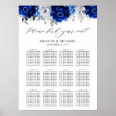 Royal Blue White Silver Floral Seating Chart Poster (Voorkant)