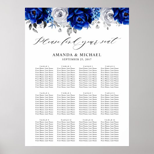 Royal Blue White Silver Floral Seating Chart Poster (Voorkant)