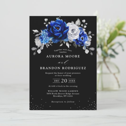 Royal Blue White Silver Metallic Black Wedding Kaart (Staand voorkant)
