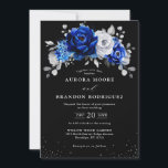 Royal Blue White Silver Metallic Black Wedding Kaart<br><div class="desc">Elegant royal blue Silver-thema bruiloft Uitnodiging met elegante bouquet van koninklijk blauw,  Navy,  zilver,  puur witte roos bloemen knoppen en zilveren eucalyptusbladeren. Neem contact met mij op voor hulp bij aanpassingen of als u een ander product nodig hebt met dit ontwerp.</div>