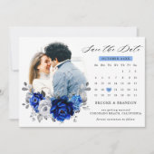 Royal Blue White Silver Metallic Floral kalender Save The Date (Voorkant)