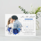 Royal Blue White Silver Metallic Floral kalender Save The Date (Staand voorkant)